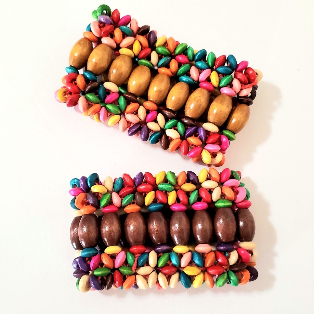2 x FLORAL MULTI COLOR WOODEN GIFT WIDE BRACELETS